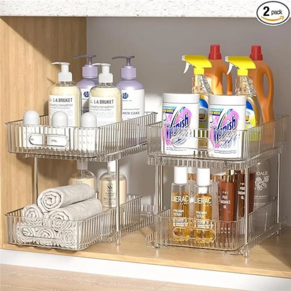 2 Pack Bathroom Cabinet Organizer, 2 Tier Pull Out Clear Under Sink Organizers